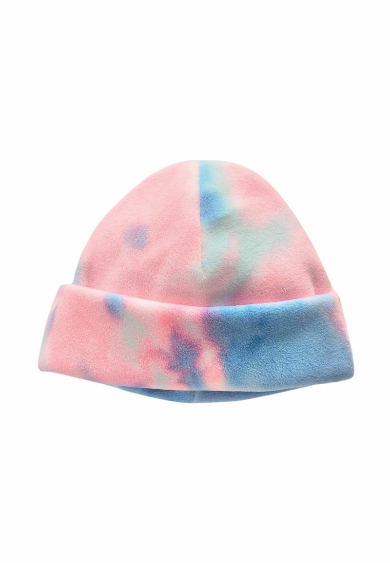Fleece-Mütze im Batikmuster mit Pink-, Blau- und Türkistönen. Verfügt über einen umgeschlagenen Rand für zusätzlichen Wärme. Weiche Textur.