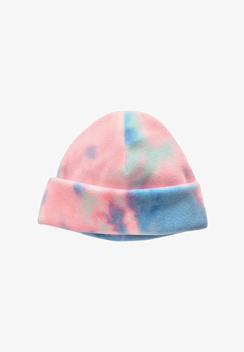 Czapka z polaru w wzorze tie-dye z różowymi, niebieskimi i turkusowymi kolorami. Posiada mankiet dla dodatkowego ciepła. Miękka w dotyku.