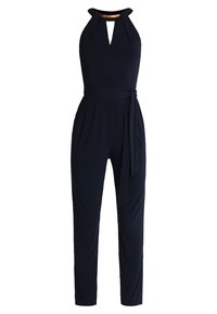 Marinblå jumpsuit med halterneck, med en nyckelhålsutskärning, justerbart knytmidja och tapered ben i mjukt tyg.