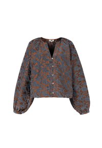 Braune Bluse mit Knöpfen, lockeren langen Ärmeln und blauem Blumenmuster, mit einem runden Ausschnitt und gerafften Manschetten.