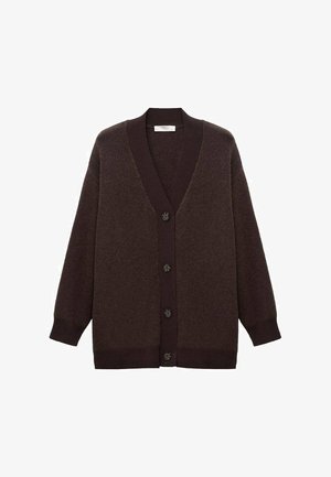Bruine wollen cardigan met een V-hals, lange mouwen en vijf knopen aan de voorkant. Ribgebreide manchetten en zoom voegen textuur en structuur toe.