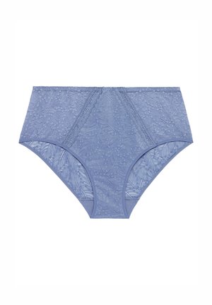 Blaues Spitzen-Unterwäsche mit hohem Bund, floralen Mustern, weicher Textur und Netz-Details mit nahtlosem Finish.