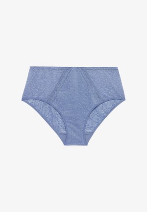 Blaues Spitzen-Unterwäsche mit hohem Bund, floralen Mustern, weicher Textur und Netz-Details mit nahtlosem Finish.