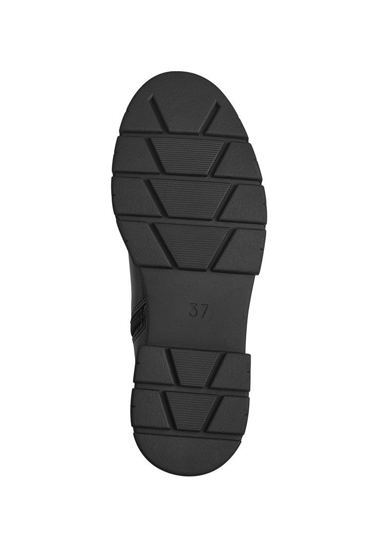 Suela de zapato de goma negra con una superficie texturizada, que presenta un patrón en zigzag y una marca de tamaño "37" grabada en el lado.