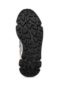 Semelle de chaussure en caoutchouc noir avec un motif de semelle triangulaire, présentant des détails de surface texturés et une semelle intermédiaire beige.