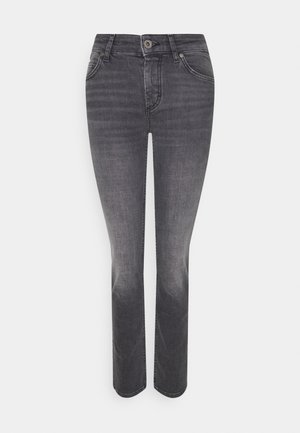 Jean en denim gris avec une coupe ajustée, un design à jambe droite et une légère décoloration. Dispose d'une fermeture à bouton et zip à l'avant, ainsi que de cinq poches.