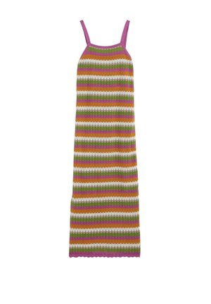 Vestido maxi sin mangas de punto con tirantes finos, con rayas horizontales en púrpura, naranja, verde y blanco.
