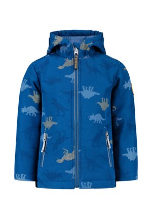 Blaue Kinderjacke aus weichem Stoff, mit einem Dinosaurier-Muster in verschiedenen Farbtönen. Reißverschluss vorne und zwei Seitentaschen.
