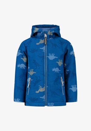Blaue Kinderjacke aus weichem Stoff, mit einem Dinosaurier-Muster in verschiedenen Farbtönen. Reißverschluss vorne und zwei Seitentaschen.