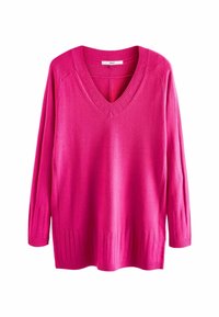 Pull à col en V, manches longues, de couleur rose vif. Texture tricotée avec des accents côtelés à l'ourlet et aux poignets. Coupe décontractée et tissu doux.