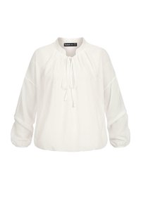 Hvid bluse med rund halsudskæring, snoretræk foran og lange, puffede ærmer. Fremstillet af et let stof med en glat overflade.