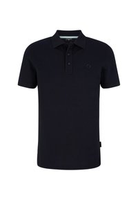 Navyblaues Poloshirt aus Baumwolle mit einer Knopfleiste mit zwei Knöpfen, kurzen Ärmeln und einem dezenten Logodetail auf der linken Brust. Glatte Textur.