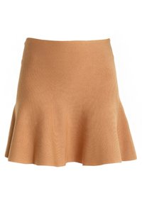 Gonna svasata beige realizzata in tessuto morbido. Presenta una texture liscia, senza motivi visibili, e una vita aderente nella parte superiore.