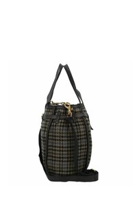 Borsa a tracolla in tessuto lavorato a motivo pied de poule nei toni di grigio, nero e blu. Presenta manici in pelle nera e una chiusura con zip in metallo dorato.