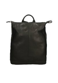 Zwarte leren rugzak met een gestructureerde vorm, voorzien van een bovenhandvat, ritssluiting en een logo-opdruk aan de voorkant. Glad oppervlak met een natuurlijke nerf.