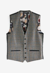 Grau karierter Weste mit Spitzkragen, sechs schwarzen Knöpfen und zwei Taschen. Gefüttert mit einem schwarzen Stoff, der farbenfrohe Vintage-Drucke zeigt.