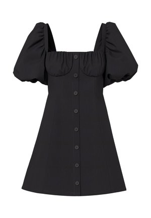Schwarzes kurzes Kleid mit gepufften kurzen Ärmeln, quadratischem Ausschnitt, durchgehender Knopfleiste vorne und einem taillierten Oberteil mit gerafftem Brustbereich.