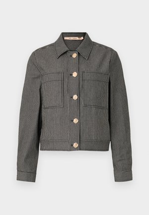 Striped denim jacket in black and white with gold-tone button closures, four front pockets, and a collared neck. Tailored fit, cropped length.