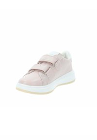 Jasnoróżowe syntetyczne sneakersy z dwoma regulowanymi paskami na rzep, białą podeszwą środkową i teksturowaną gumową podeszwą. Zaokrąglony kształt noska.