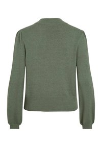 Groene gebreide cardigan met een ronde halslijn, geribde manchetten en zoom, en pofmouwen. Zachte textuur, aansluitend ontwerp.