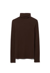 Bruine geribbelde turtleneck met lange mouwen, voorzien van een omgeslagen kraag en een zachte textuur. Eenvoudig, figuurvormend ontwerp zonder patronen.