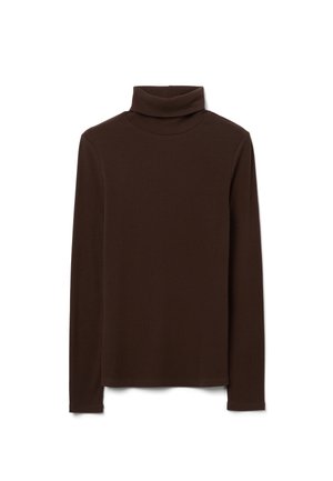 Brauner gerippter Rollkragenpullover mit langen Ärmeln, ausgestattet mit einem umgeschlagenen Kragen und einer weichen Textur. Einfaches, figurbetontes Design ohne Muster.