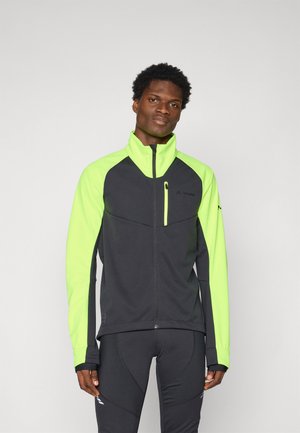 Schwarze und neongrüne Jacke mit hohem Kragen, Reißverschluss vorne und Taschen. Besitzt ein elegantes Design und eine sportliche Passform, die sich für aktive Freizeitkleidung eignet.