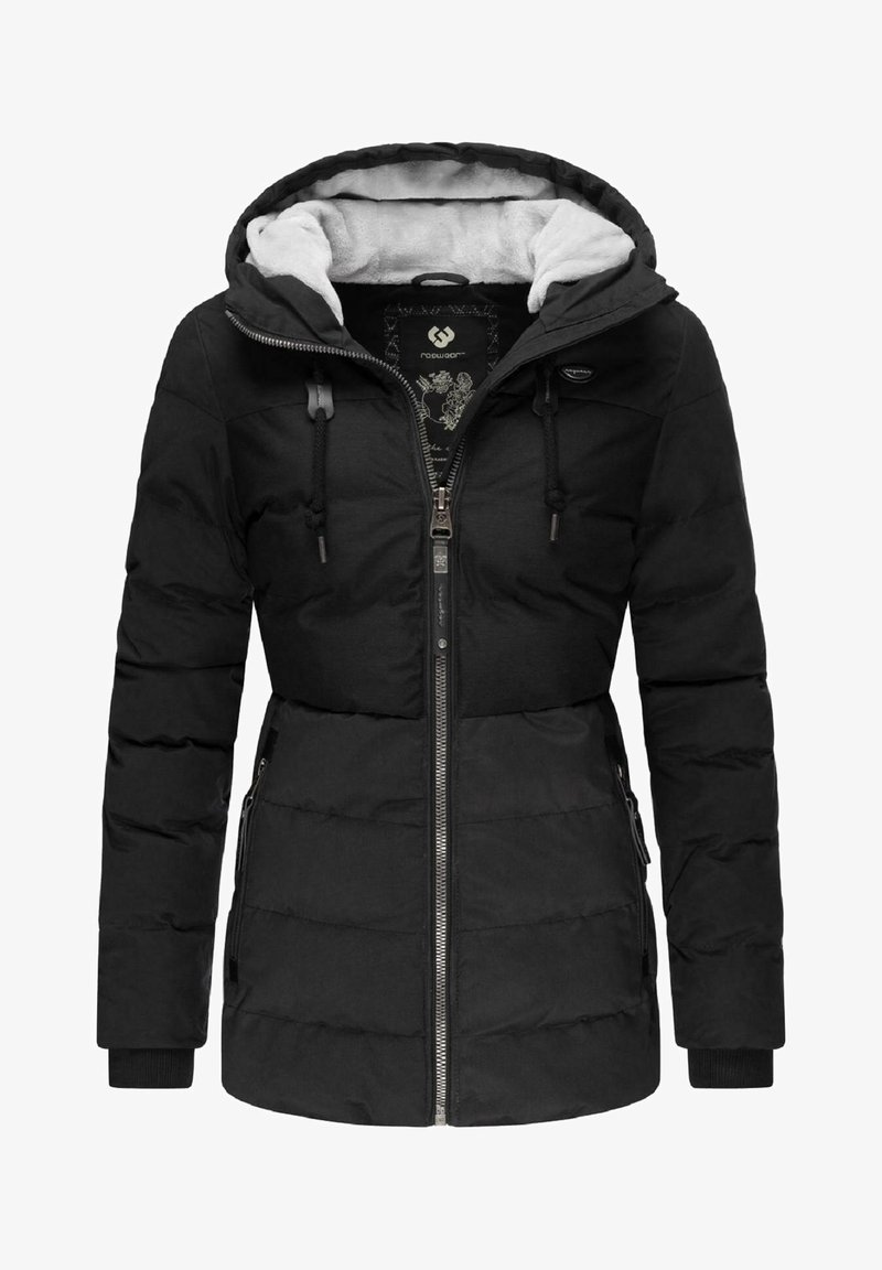 Giacca nera con cappuccio e zip frontale, caratterizzata da sezioni imbottite, polsini elastici e due tasche laterali, foderata con un materiale morbido.