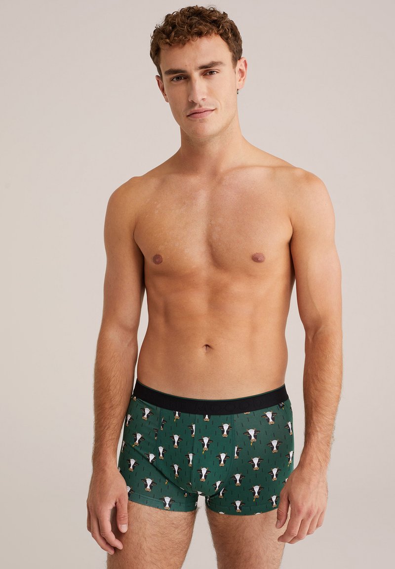 Ung man står utan skjorta iförd gröna kalsonger mönstrade med svartvita koskälar mot en enfärgad bakgrund.