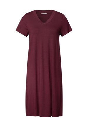 Burgunderrotes Kurzarmkleid mit V-Ausschnitt, aus weichem Stoff hergestellt, mit einer lässigen Silhouette, die knapp über dem Knie endet.