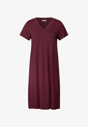 Burgunderrotes Kurzarmkleid mit V-Ausschnitt, aus weichem Stoff hergestellt, mit einer lässigen Silhouette, die knapp über dem Knie endet.