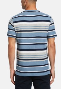 Short-sleeve ribbed t-shirt featuring horizontal blue, gray, and white stripes, with a crew neckline and relaxed fit.