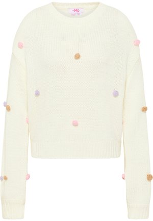 Pulover alb tricotat, cu un design scurt, mâneci lungi și accente colorate de pom-pom în nuanțe de roz, mov și marron.