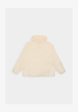 Kremowa bluza z kapturem i długimi rękawami, z trzema napami przy szyi, leżąca płasko na jasnym tle.