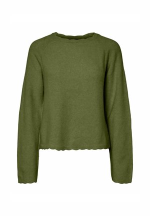 Pull vert olive en maille douce avec des manches longues, un col rond et un détail en bas avec une bordure festonnée.