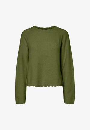 Olivengrønne sweater i blødt strikmateriale med lange ærmer, en rund halsudskæring og en bølget kantdetalje.