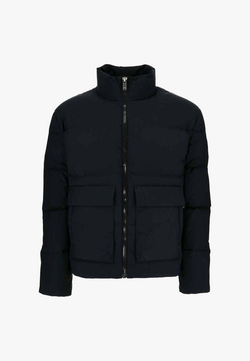 Black puffer jacket with high collar, front zipper, and two flap pockets on the lower front.