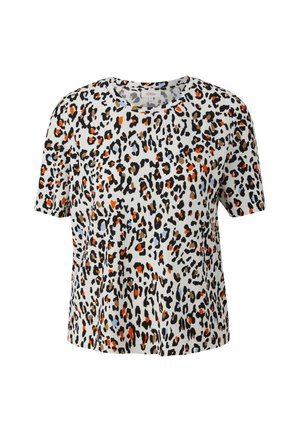 Short-sleeve t-shirt with a leopard print pattern in black, orange, and blue on a light gray background. Ribbed texture and round neckline.