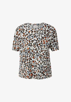Short-sleeve t-shirt with a leopard print pattern in black, orange, and blue on a light gray background. Ribbed texture and round neckline.