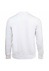 Weißes Sweatshirt mit langen Ärmeln, Rundhalsausschnitt und gerippten Bündchen sowie Saum. Glatte Textur ohne sichtbare Muster oder Verzierungen.