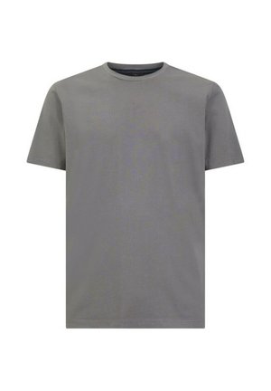 T-shirt in cotone grigio con colletto rotondo, maniche corte e taglio dritto. Il tessuto appare liscio e leggermente testurizzato. Nessun motivo o dettaglio.