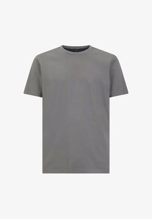 T-shirt in cotone grigio con colletto rotondo, maniche corte e taglio dritto. Il tessuto appare liscio e leggermente testurizzato. Nessun motivo o dettaglio.