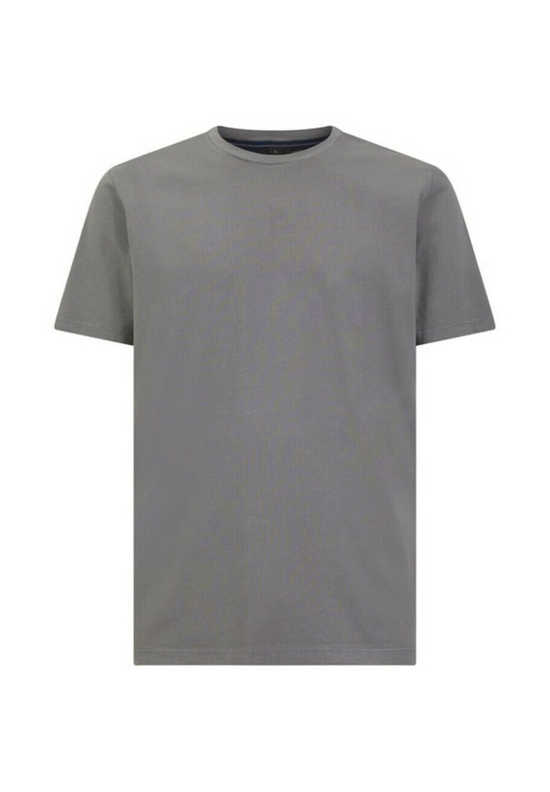 T-shirt in cotone grigio con colletto rotondo, maniche corte e taglio dritto. Il tessuto appare liscio e leggermente testurizzato. Nessun motivo o dettaglio.
