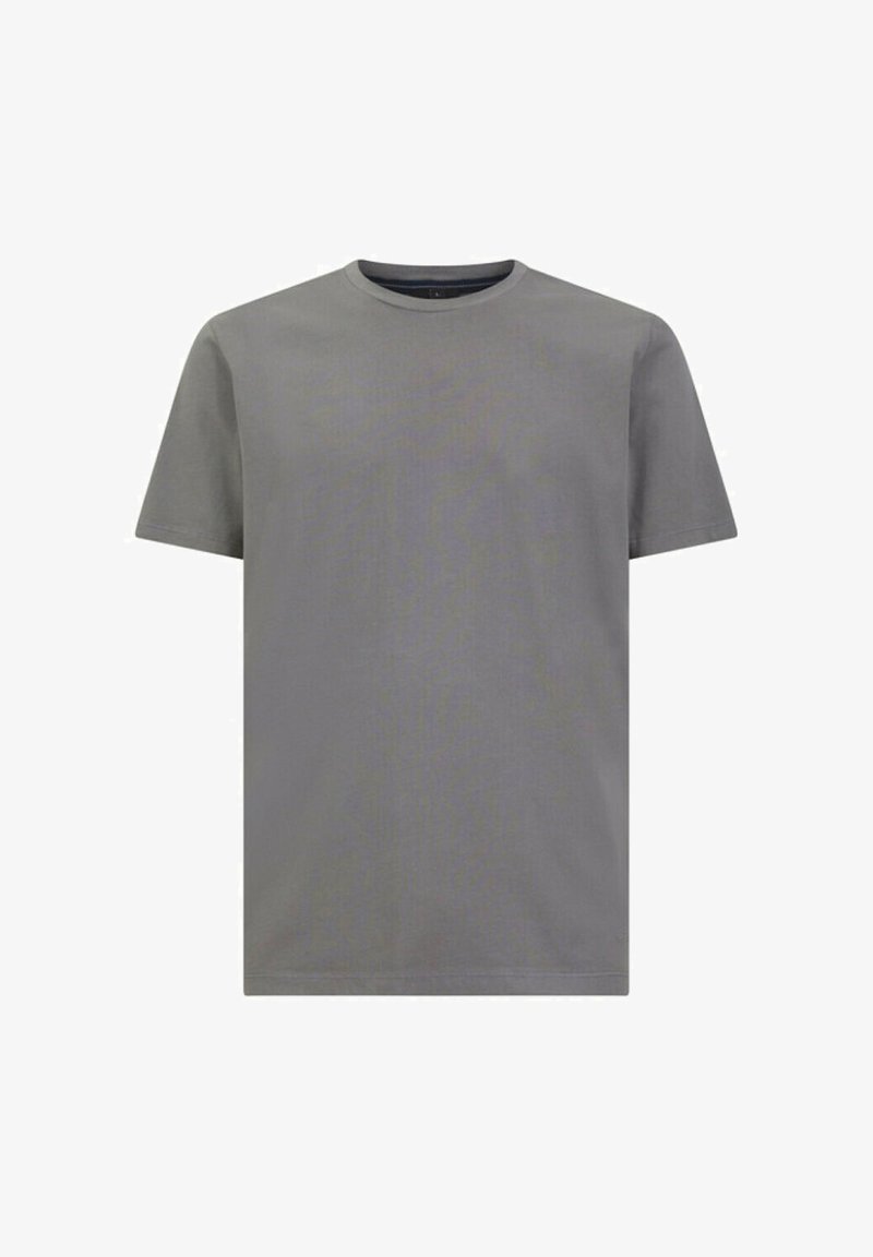 T-shirt in cotone grigio con colletto rotondo, maniche corte e taglio dritto. Il tessuto appare liscio e leggermente testurizzato. Nessun motivo o dettaglio.