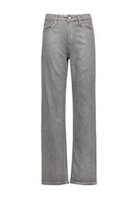 Jean large gris en denim, avec une taille haute, cinq poches et un léger éclat métallique sur l'ensemble.