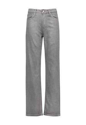 Szare dżinsy o szerokich nogawkach, wykonane z denimu, z wysokim stanem, pięcioma kieszeniami i delikatnym metalicznym połyskiem na całej powierzchni.
