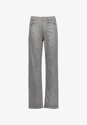 Szare dżinsy o szerokich nogawkach, wykonane z denimu, z wysokim stanem, pięcioma kieszeniami i delikatnym metalicznym połyskiem na całej powierzchni.