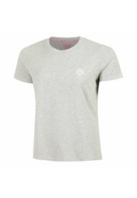 Lichtgrijze t-shirt met korte mouwen en ronde hals, voorzien van een klein wit rond logo op de linkerborst.