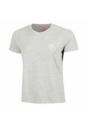T-shirt grigio chiaro a maniche corte con collo rotondo e un piccolo logo circolare bianco sul lato sinistro del petto.