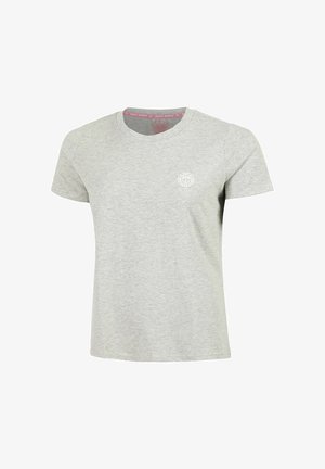 T-shirt grigio chiaro a maniche corte con collo rotondo e un piccolo logo circolare bianco sul lato sinistro del petto.